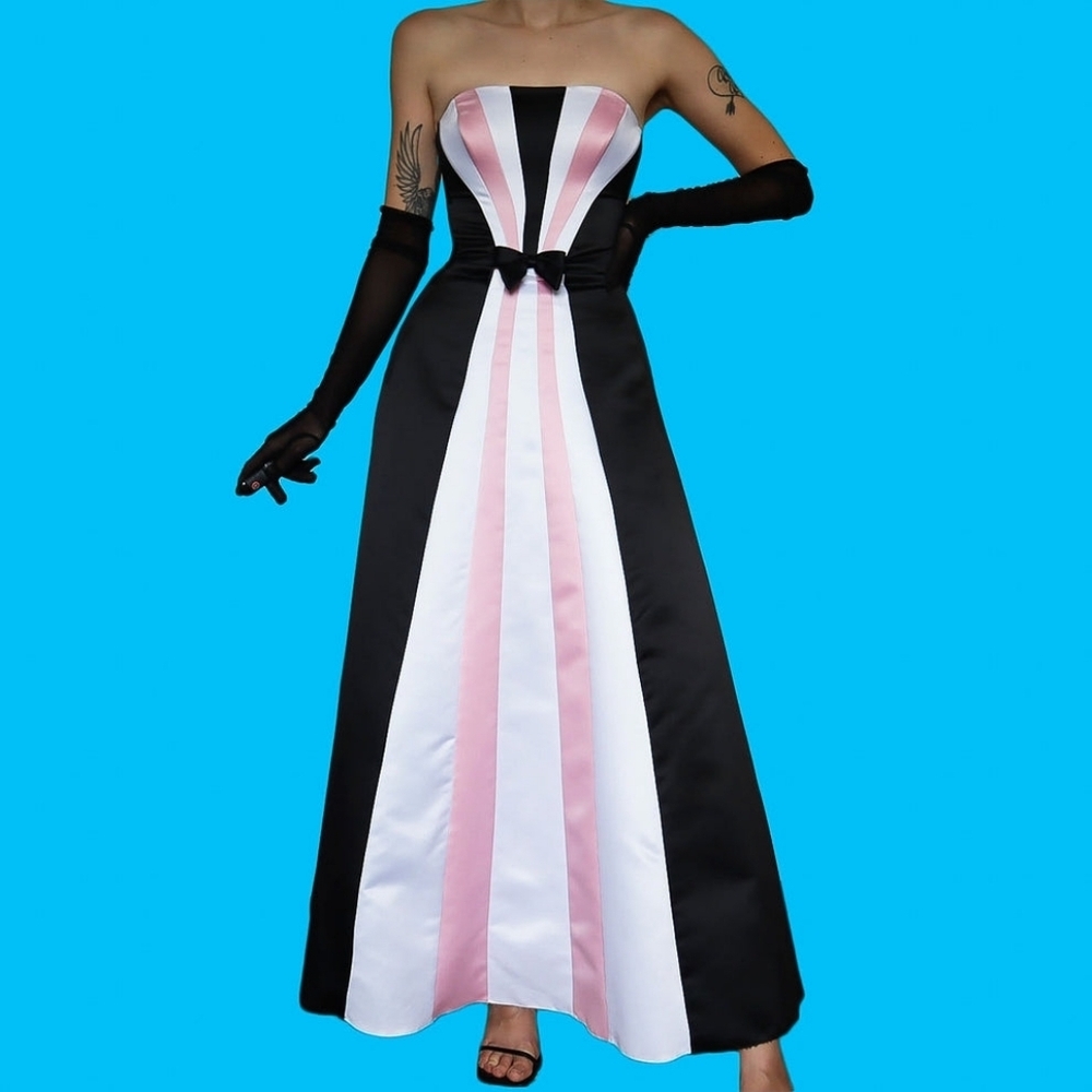 VINTAGE Jessica McClintock Strapless Black, Pink & White Column Gown